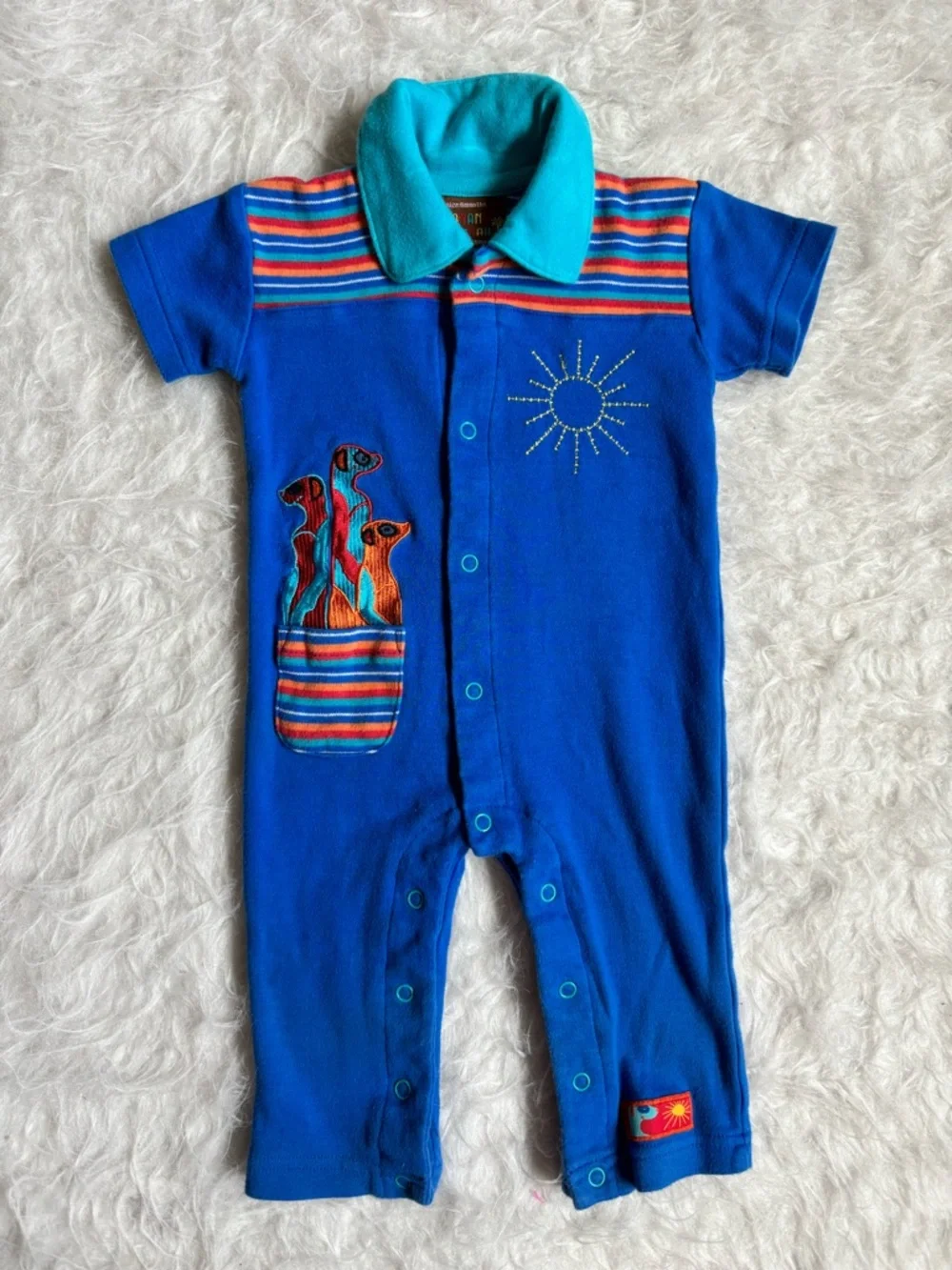 Vintage Banana Hannah Bright Blue Snap Romper with Vibrant Embroidery